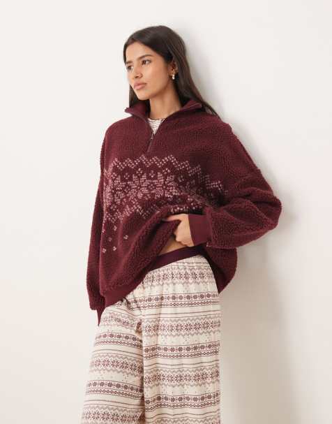 ASOS DESIGN lounge faux shearling funnel neck sweater in burgundy fairisle - view 1