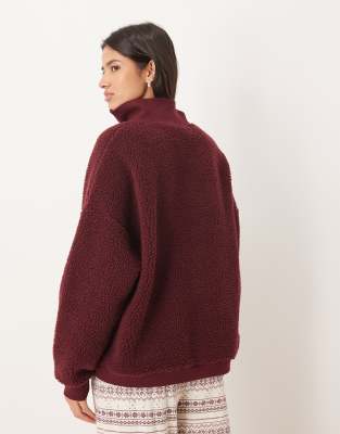 Asos Design Lounge Faux Shearling Funnel Neck Sweater In Red