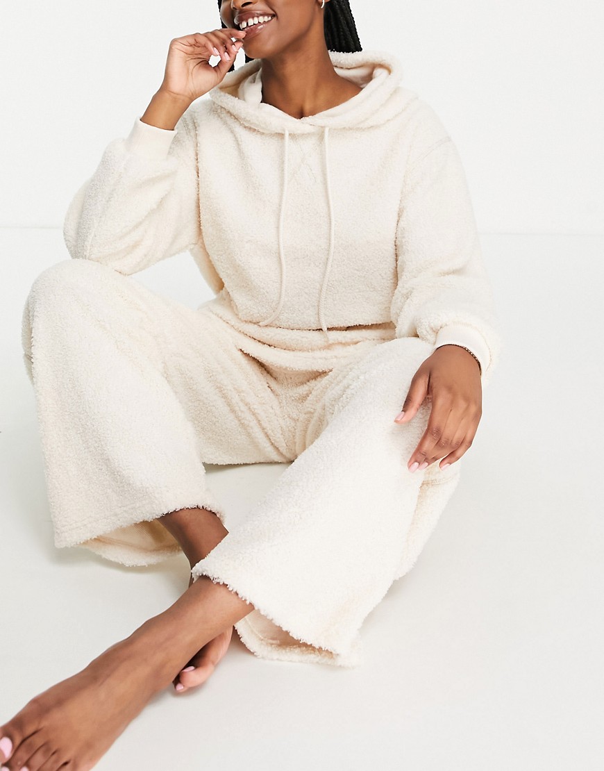 ASOS DESIGN lounge fleece hoodie & straight leg pant set in cream-White