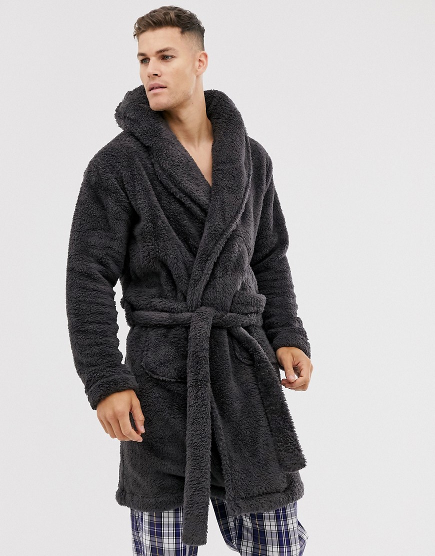 Asos Design Lounge Fleece Robe In Charcoal Marl-gray