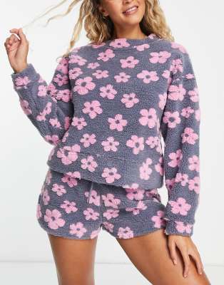 ASOS DESIGN lounge flower borg sweat & short set in grey & pink