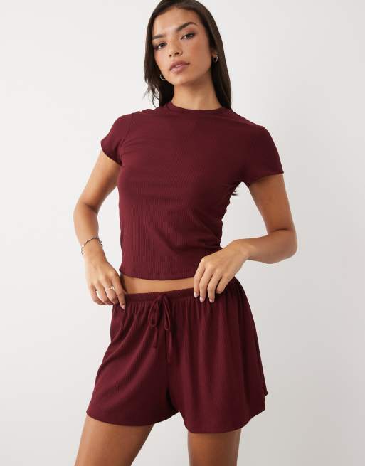 ASOS DESIGN lounge geribbelde mix & match pyjamashort in bordeauxrood, 4 van 4