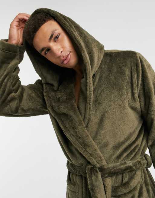 ASOS DESIGN lounge hooded dressing gown in khaki fleece