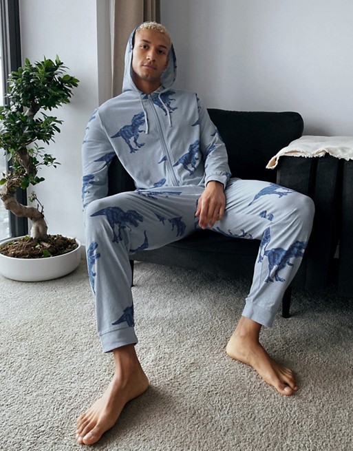 ASOS DESIGN lounge hooded onesie with all over dinosaur print