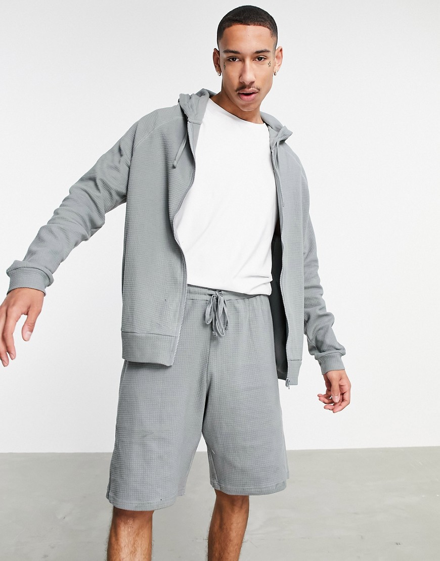 ASOS DESIGN lounge hoodie and short pajama set in waffle-Grey
