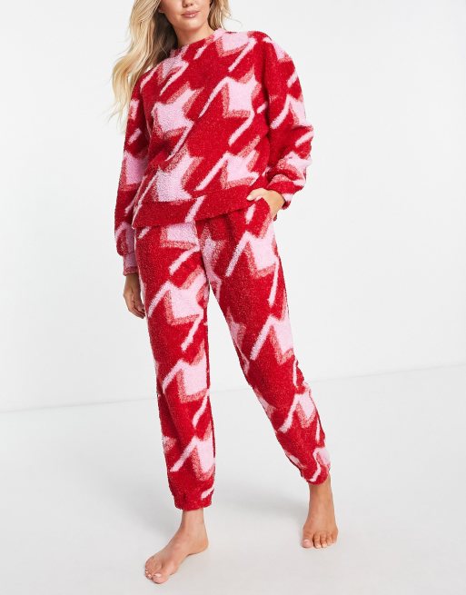 ASOS DESIGN lounge houndstooth borg sweatshirt & jogger set in pink & red