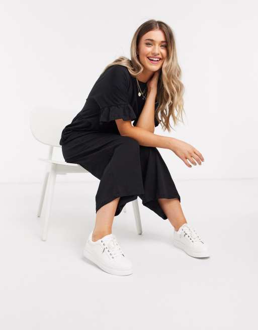 ASOS DESIGN lounge jersey smock jumpsuit with frill sleeve in black ASOS