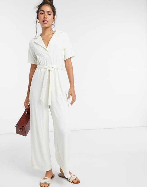 ASOS DESIGN lounge jersey tie waist collar textured jumpsuit in stone