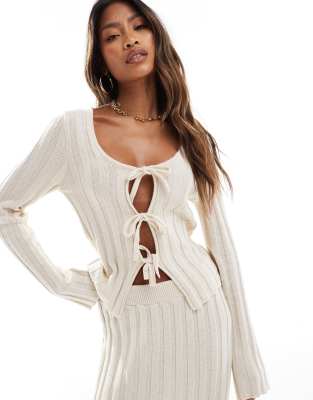 lounge knitted tie front cardi & skirt set in cream-White