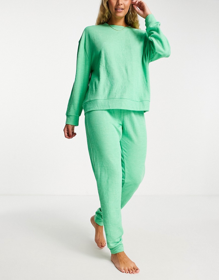 ASOS DESIGN lounge lightweight slubby sweatshirt & sweatpants set in green