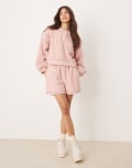 [ASOS DESIGN] ASOS DESIGN lounge microfleece crew neck sweat & shorts set in pink with contrast trim XS Pink