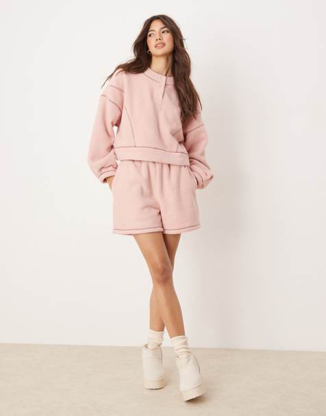 ASOS DESIGN lounge microfleece crew neck sweatshirt & shorts set in pink with contrast trim - view 1