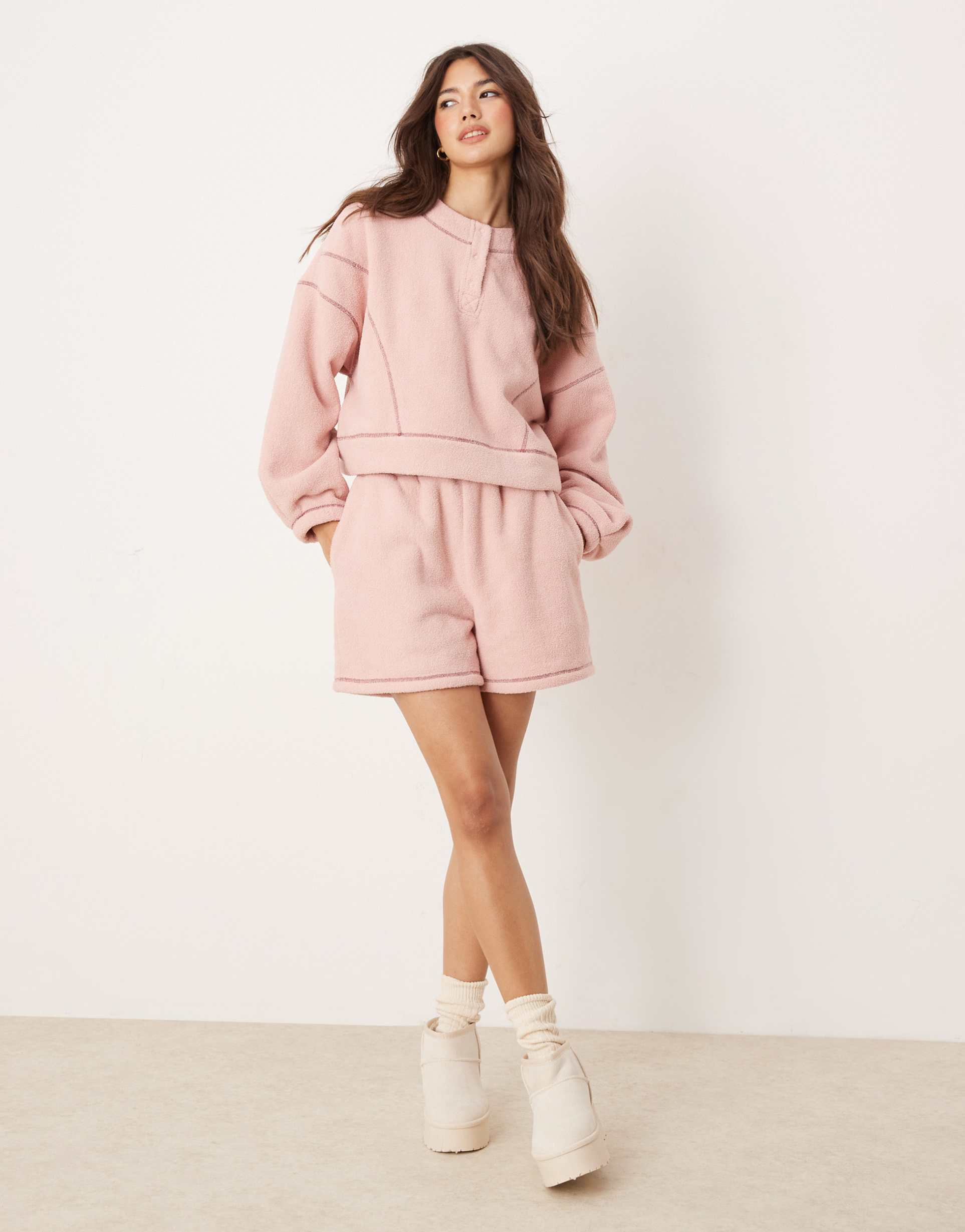 asos design lounge microfleece crew neck sweatshirt & shorts set in pink with contrast trim