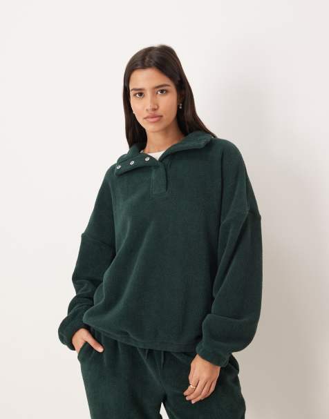 ASOS DESIGN lounge microfleece oversized collar sweat in forest green - view 1