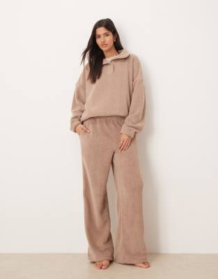 Asos Design Lounge Microfleece Wide Leg Pants In Brown
