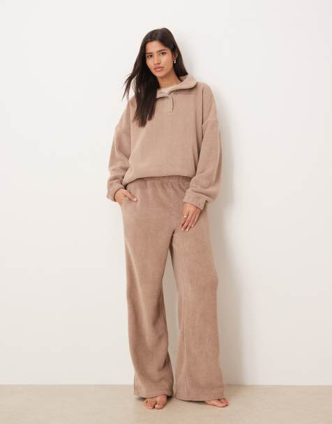 ASOS DESIGN lounge microfleece wide leg pants in taupe - view 1