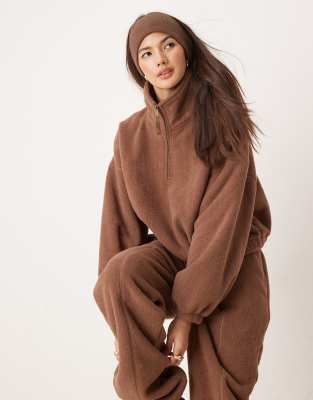 lounge microfleece zip collar sweatshirt in brown