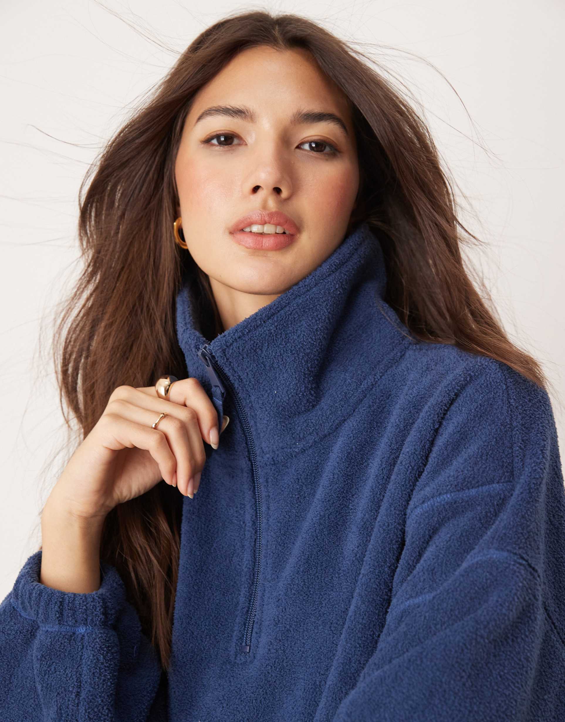 asos design lounge microfleece zip collar sweatshirt in dark blue