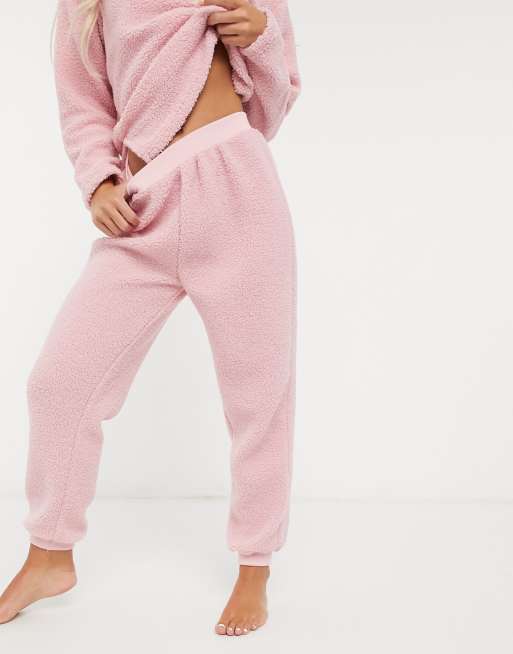 ASOS DESIGN Curve cozy lounge borg sweat & pants set in pink