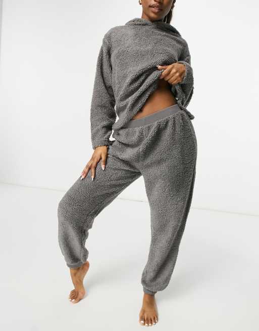 ASOS DESIGN lounge mini teddy hoodie sweatpants set in charcoal