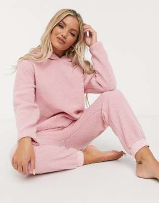 ASOS DESIGN lounge mini teddy hoodie & sweatpants set in pink