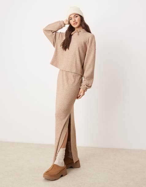 ASOS DESIGN lounge mix and match wide rib skirt in brown - view 1