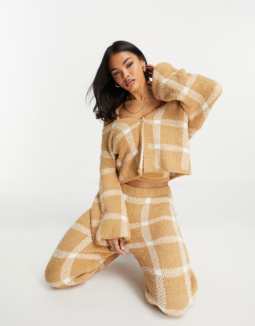 Asos Design Lounge Mix & Match Check Fluffy Sock Cardigan In Camel-neutral