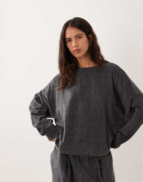 ASOS DESIGN lounge mix & match lätt fleece långärmad slouch-top i charcoal - view 1