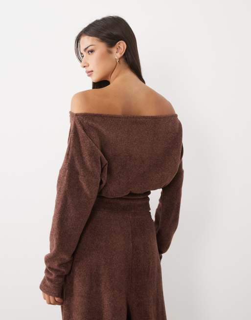 ASOS DESIGN lounge mix & match let fleece offshoulder-top i chokoladebrun, 3 af 4