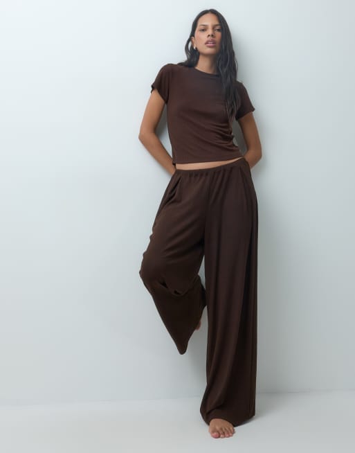ASOS DESIGN lounge mix & match lounge rib oversized pyjama tee with side split in chocolate, 2 of 4
