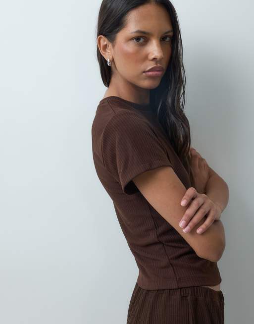 ASOS DESIGN lounge mix & match lounge rib oversized pyjama tee with side split in chocolate, 3 of 4