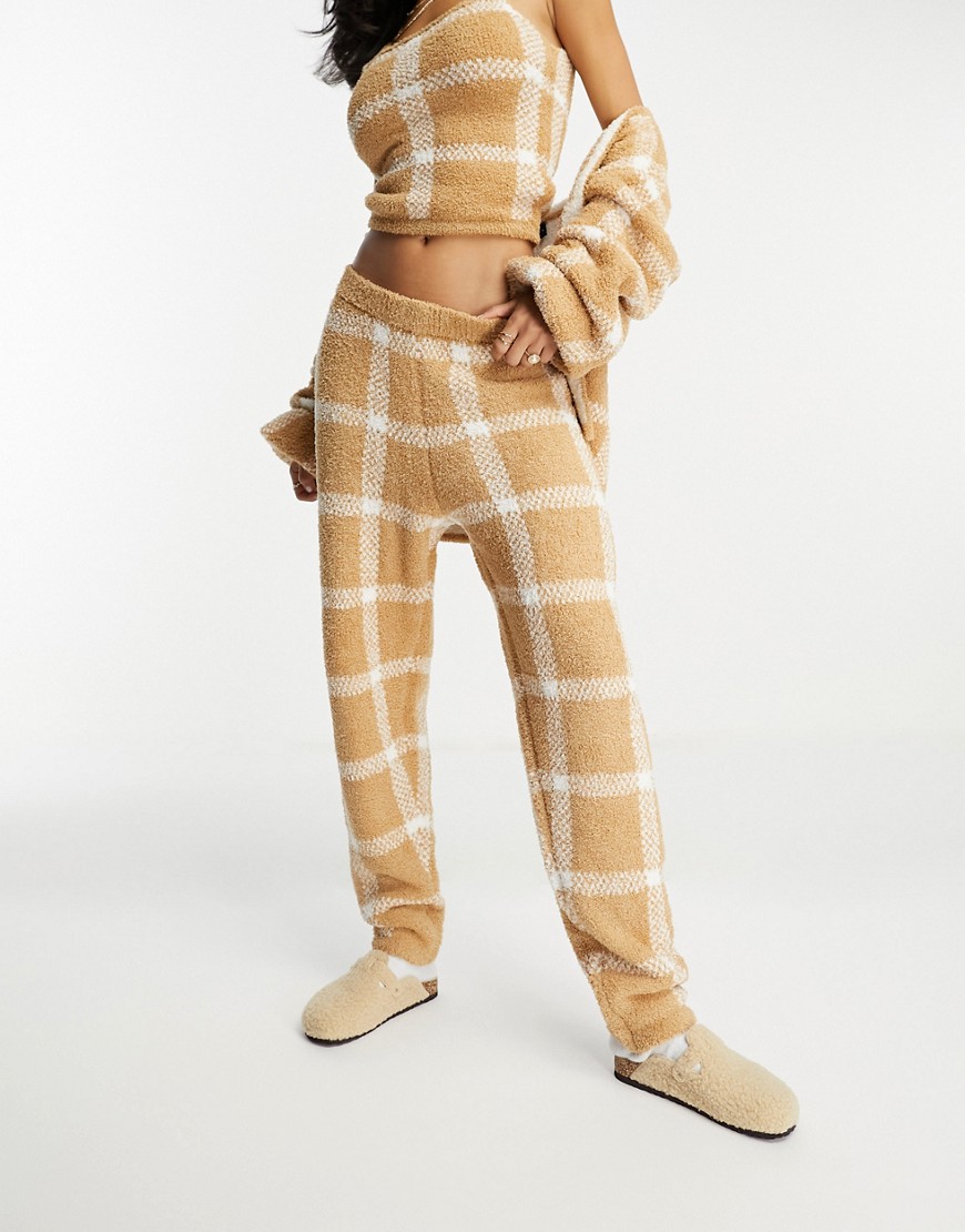 Shop Asos Design Lounge Mix & Match Plaid Fluffy Sock Pants In Camel-neutral