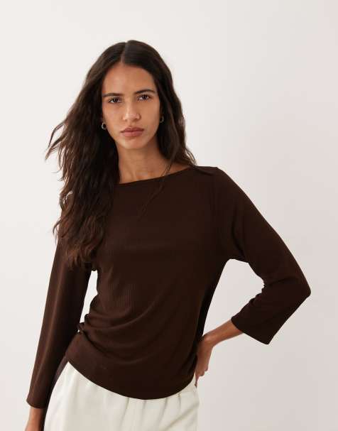 ASOS DESIGN lounge mix & match rib 3/4 sleeve boatneck in chocolate - view 1