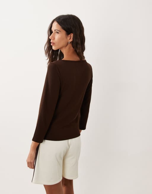 ASOS DESIGN lounge mix & match rib 3/4 sleeve boatneck in chocolate, 2 of 4