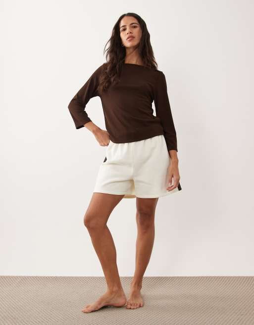 ASOS DESIGN lounge mix & match rib 3/4 sleeve boatneck in chocolate, 3 of 4