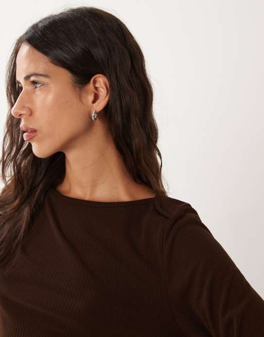 ASOS DESIGN lounge mix & match rib 3/4 sleeve boatneck in chocolate, 4 of 4