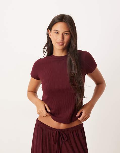 ASOS DESIGN lounge mix & match rib baby tee in burgundy - view 1