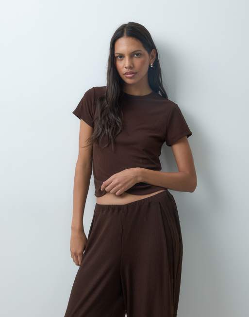 ASOS DESIGN lounge mix & match rib baby tee in chocolate, 4 of 4