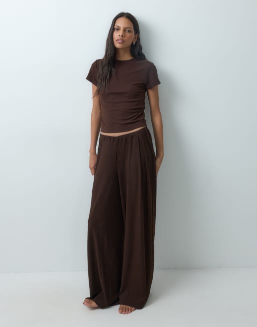 ASOS DESIGN lounge mix & match rib baby tee pyjama in chocolate, 2 of 4