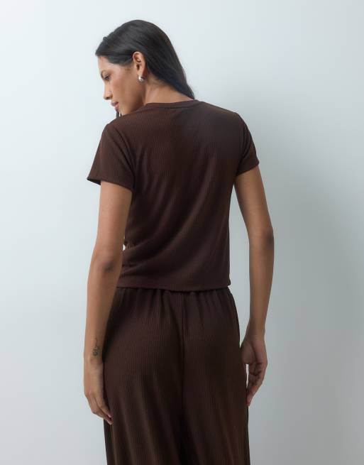 ASOS DESIGN lounge mix & match rib baby tee pyjama in chocolate, 3 of 4