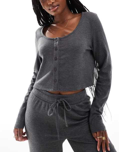 ASOS DESIGN lounge mix & match rib button through long sleeve top in grey - view 1
