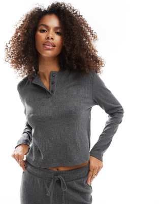 lounge mix & match rib hoodie henley top in gray