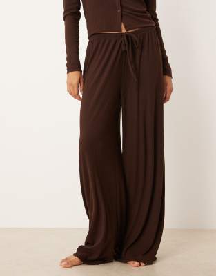 Asos Design Lounge Mix & Match Rib Knit Wide Leg Pants In Brown