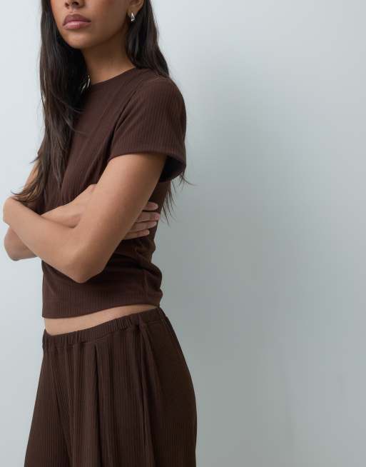 ASOS DESIGN lounge mix & match rib wide leg bottom in chocolate, 2 of 5