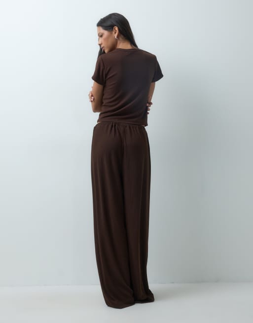 ASOS DESIGN lounge mix & match rib wide leg bottom in chocolate, 5 of 5