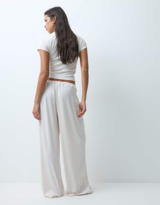 ASOS DESIGN lounge mix & match rib wide leg bottom in cream, 2 of 5