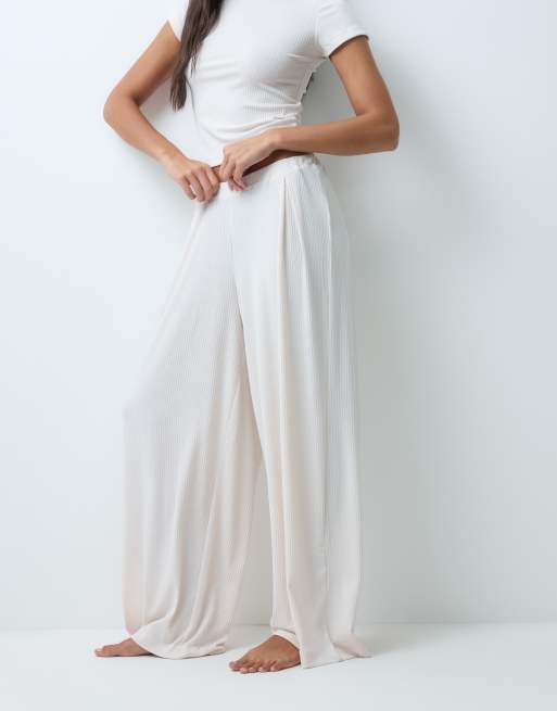 ASOS DESIGN lounge mix & match rib wide leg bottom in cream, 4 of 5