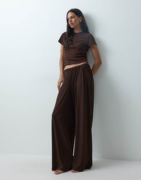 ASOS DESIGN lounge mix & match rib wide leg pyjama bottom in chocolate - view 1