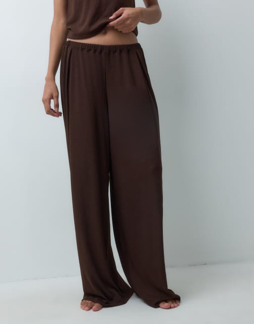ASOS DESIGN lounge mix & match rib wide leg pyjama bottom in chocolate, 3 of 5