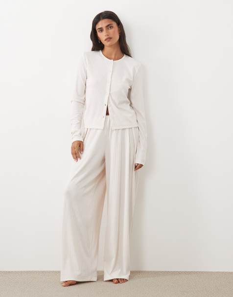 ASOS DESIGN lounge mix & match rib wide leg pyjama bottom in cream - view 1
